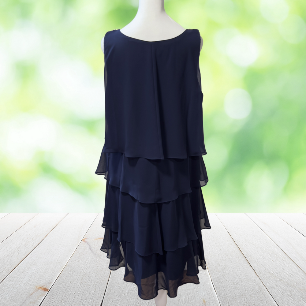SLNY Tulip Tiered Chiffon Dress Rhinestone Shoulder Gatsby Cocktail Navy Plus 18 - Picture 2 of 12